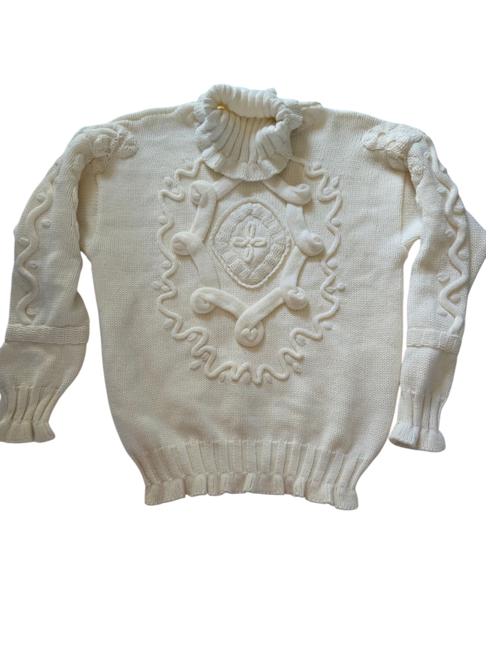 Vtg 80s Evian II Chunky Knit Mock Neck Fringed Sweater Avant Garde 3D Relief M
